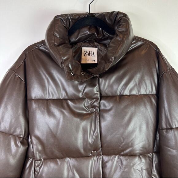 Zara Blogger Chocolate Brown Faux Leather Puffer Jacket. - Picture 8 of 10